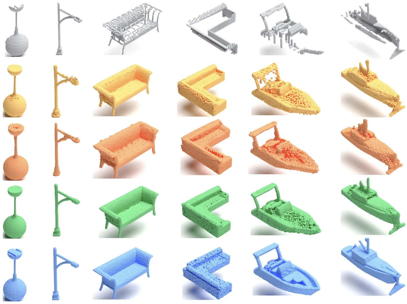 HyperCD point-cloud completion results across benchmark objects